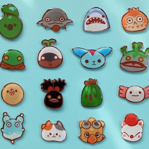 May include: A set of 16 colorful enamel pins featuring various cartoon characters. The pins are all different shapes and sizes, and they feature a variety of designs, including animals, plants, and other whimsical creatures. The pins are perfect for adding a touch of personality to your clothing, bags, or other accessories.