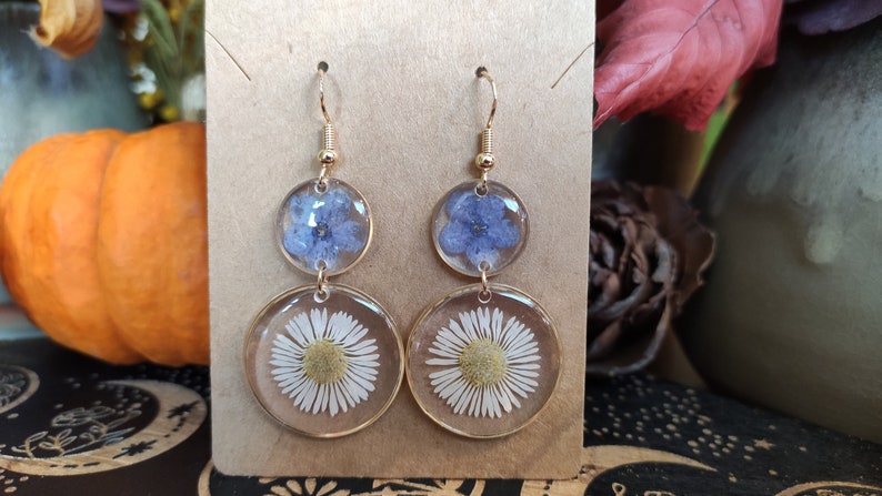May include: Gold-coloured dangle earrings featuring pressed flowers. Each earring has two clear resin circles, one with a blue flower and the other with a white daisy. The earrings hang from gold-coloured hooks.