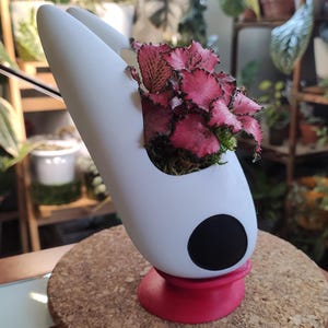 May include: White ceramic planter shaped like a stylized knight's helmet with a black circle on the side. A pink and green plant is growing inside the planter. The planter is sitting on a cork coaster.