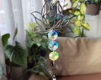 Crystal Suncatcher Lotus Design, Mirror Accessories, Window Hanging Prism, Garden Charms Decor