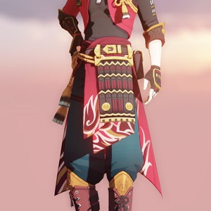 May include: A male anime character with blond hair and green eyes wearing a red and black jacket, a black shirt, a red and gold belt, and red and blue pants with gold accents. He is wearing brown boots with white accents and a gold chain necklace.