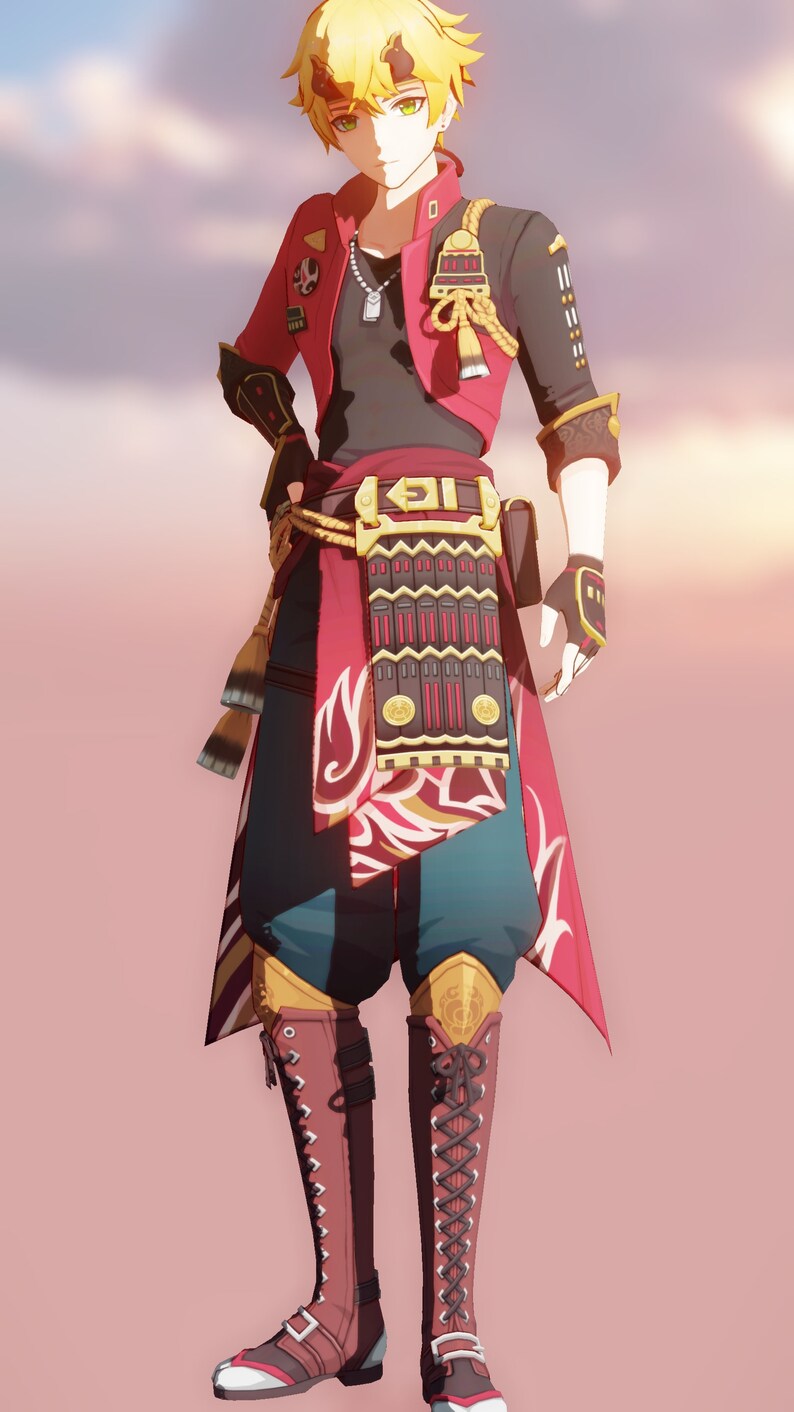 May include: A male anime character with blond hair and green eyes wearing a red and black jacket, a black shirt, a red and gold belt, and red and blue pants with gold accents. He is wearing brown boots with white accents and a gold chain necklace.