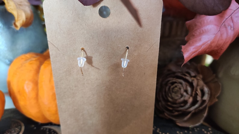 May include: A pair of gold earrings with clear plastic backs are displayed on a brown earring card. The earrings are hanging from the card. The background includes a pumpkin and autumn leaves.