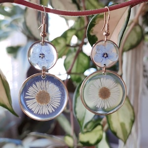 Può includere: Orecchini pendenti color oro con fiori pressati. Ogni orecchino presenta due pendenti rotondi in resina trasparente. Il pendente superiore contiene un piccolo fiore blu, mentre quello inferiore mostra una margherita bianca. Gli orecchini pendono da ganci color oro.