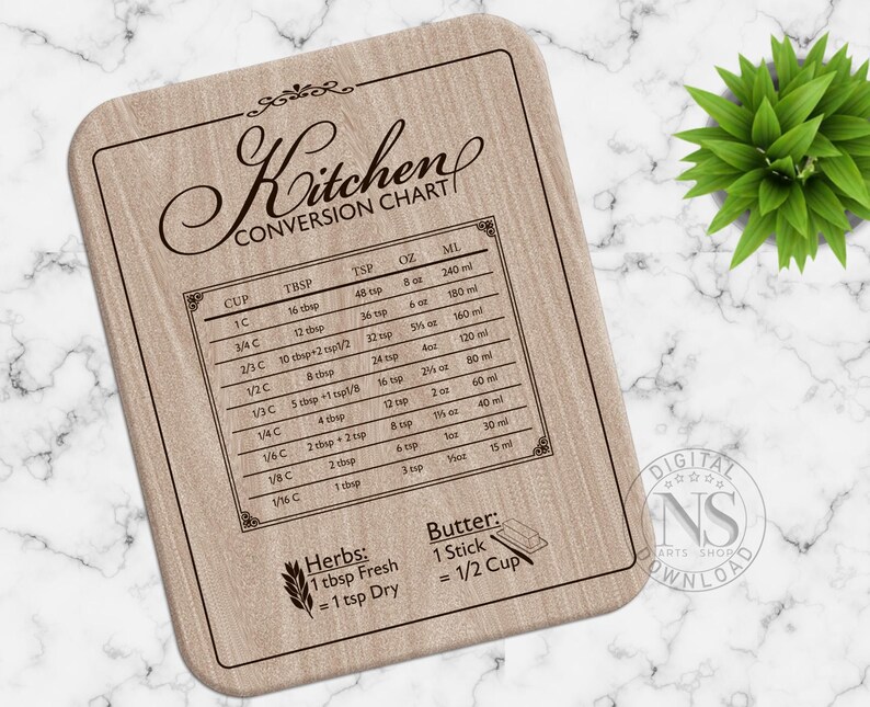 May include: A wooden cutting board with a kitchen conversion chart engraved on it. The chart includes measurements for cups, tablespoons, teaspoons, ounces, and milliliters. It also includes a note about converting fresh and dry herbs and a note about butter.