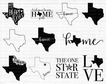 May include: Eleven black and white Texas state outline designs. The designs include the words "Deep in the Heart of Texas", "Welcome to our Home y'all", "Home", "Home", "Texas", "The One Star State", and "Love".