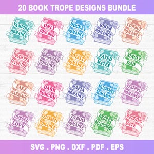 Puede incluir: Un conjunto de 20 diseños de tropos de libros. Cada diseño presenta un libro colorido con una pancarta que muestra un género romántico, como "Romance de vampiros" o "Romance de la mafia". La imagen también incluye información sobre el tipo de archivo: SVG, PNG, DXF, PDF y EPS.