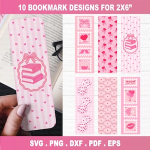 May include: A collection of pink bookmark designs, each measuring 5.08cm x 15.24cm. The designs include hearts, bows, and stamp-like illustrations. The bookmarks feature images of books, dice, and other cute elements. The text "10 BOOKMARK DESIGNS FOR 2X6" is displayed.