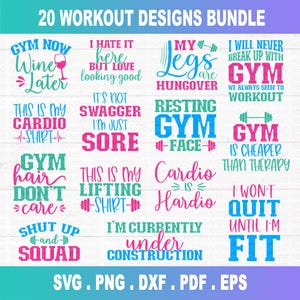 Pakiet SVG do ćwiczeń, motywacja do ćwiczeń svg, cytaty z ćwiczeń svg, fitness svg, koszulka do ćwiczeń svg, plik do cięcia, Cricut, sylwetka, PNG, DXF