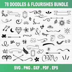 Lot de doodles SVG dessinés à la main : dessins au trait PNG, éléments s&#39;épanouissants et embellissants