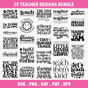 Może przedstawiać: Zbiór 25 wzorów o tematyce nauczycielskiej w czarnym tekście na białym tle. Projekty zawierają frazy takie jak „One Groovy Teacher”, „Teach Love Inspire” i „Teaching is My Jam”. Obraz zawiera również opcje formatu pliku.