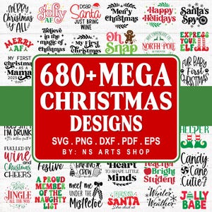 Könnte beinhalten: Eine Sammlung von Designs zum Thema Weihnachten mit verschiedenen Textelementen wie "Merry Christmas" und "Happy Holidays". Das zentrale Design zeigt "680+ MEGA CHRISTMAS DESIGNS" in einem roten Rechteck. Enthält SVG, PNG, DXF, PDF und EPS.