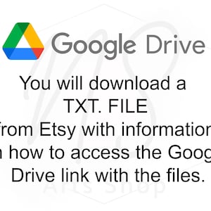 以下が含まれることがあります： Google Drive のロゴと「Etsy から TXT ファイルをダウンロードします。Google Drive のリンクにアクセスしてファイルにアクセスする方法に関する情報が記載されています。」というテキストが表示されています。