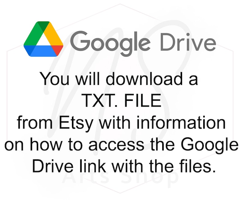 以下が含まれることがあります： Google Drive のロゴと「Etsy から TXT ファイルをダウンロードします。Google Drive のリンクにアクセスしてファイルにアクセスする方法に関する情報が記載されています。」というテキストが表示されています。