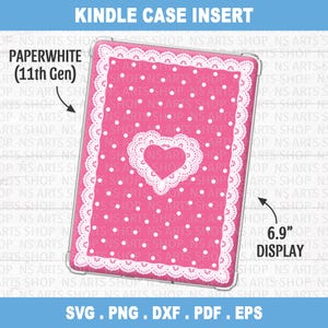 E-Reader Kindle Case Insert PNG Design, Printable, Pink Polkadots With Lace Heart (Digital Download)