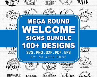 May include: A digital download bundle of 100+ welcome sign designs in black and white. The designs are in a variety of styles, including farmhouse, modern, and rustic. The text on the signs includes phrases like "Welcome Y'all", "Home Sweet Home", and "Stay Away".
