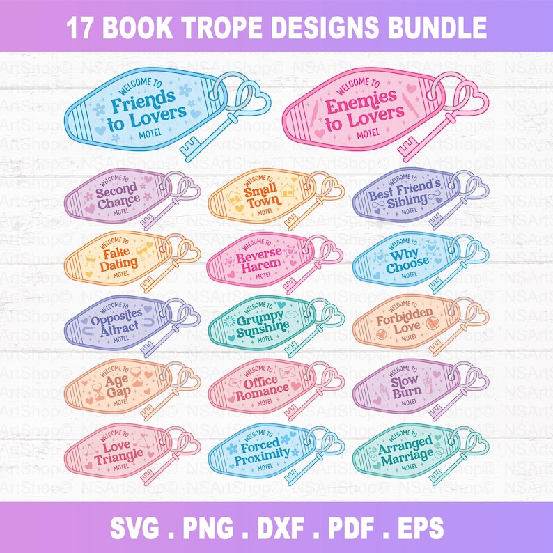 May include: A collection of 17 motel keychains, each featuring a different romance novel trope. The keychains are in pastel shades and include phrases such as "Friends to Lovers" and "Enemies to Lovers." File types: SVG, PNG, DXF, PDF, and EPS.
