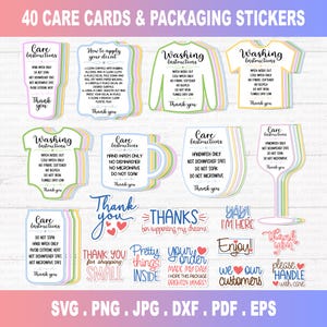 May include: A sheet of 40 care cards and packaging stickers. The stickers include care instructions, washing instructions, and thank you messages. The stickers are in various shapes, including a shirt, mug, and wine glass. The text includes "Thank you" and "Enjoy!"