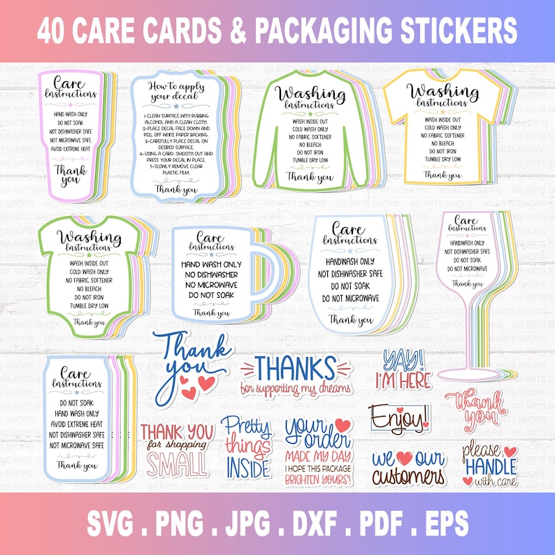 May include: A sheet of 40 care cards and packaging stickers. The stickers include care instructions, washing instructions, and thank you messages. The stickers are in various shapes, including a shirt, mug, and wine glass. The text includes "Thank you" and "Enjoy!"