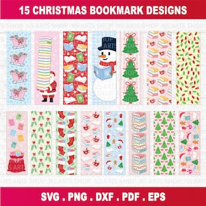 Puede incluir: Una colección de 15 diseños de marcapáginas navideños con ilustraciones de Papá Noel, muñecos de nieve, árboles de Navidad, calcetines, libros y luces festivas. Los gráficos digitales están dispuestos en dos filas con el texto 15 CHRISTMAS BOOKMARK DESIGNS.