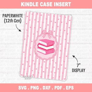 May include: A Kindle case insert for the 12th Gen model with a 7-inch display. The design features vertical pink and white stripes with small pink hearts. In the center, a scalloped frame with a bow contains an illustration of three stacked books.