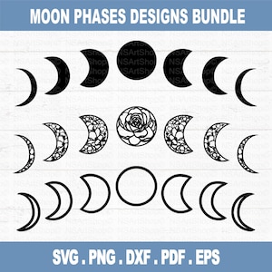 May include: A set of eight moon phase designs in black, including a full moon, crescent moon, and half moon. The designs are perfect for crafting projects, such as scrapbooking, card making, and home decor.