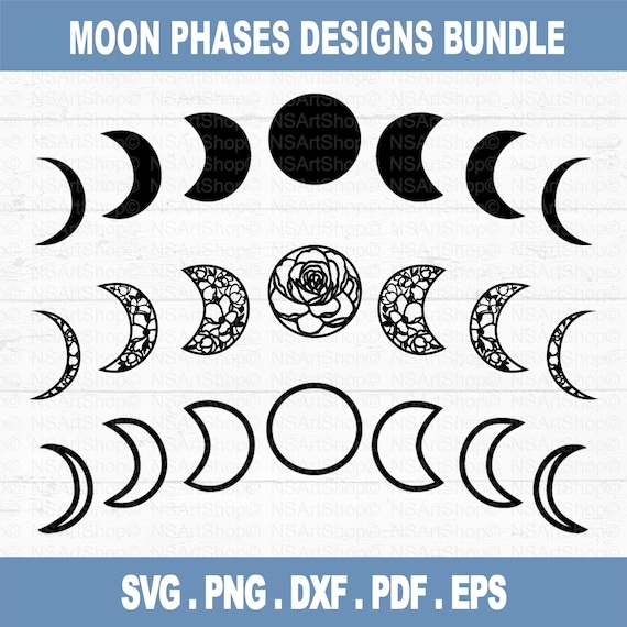 Moon Phases SVG Bundle, Floral Crescent Clipart (png, dxf, pdf, eps) for Cricut