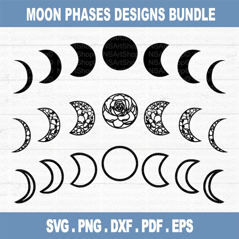 May include: A set of eight moon phase designs in black, including a full moon, crescent moon, and half moon. The designs are perfect for crafting projects, such as scrapbooking, card making, and home decor.