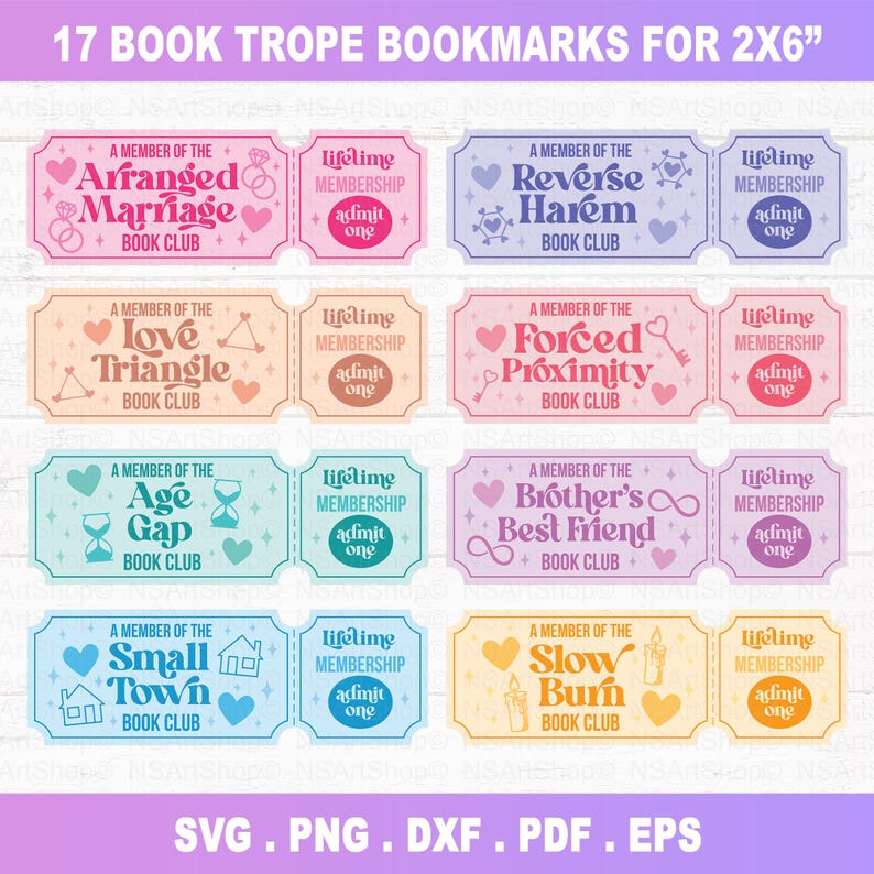 Op de afbeelding: Een verzameling van 17 kleurrijke boekenlegger-tropen, elk ontworpen als een ticket met unieke tekst en afbeeldingen. De bladwijzers zijn gelabeld met zinnen als "Arranged Marriage Book Club" en "Slow Burn Book Club". De afbeelding bevat ook bestandsinfo.