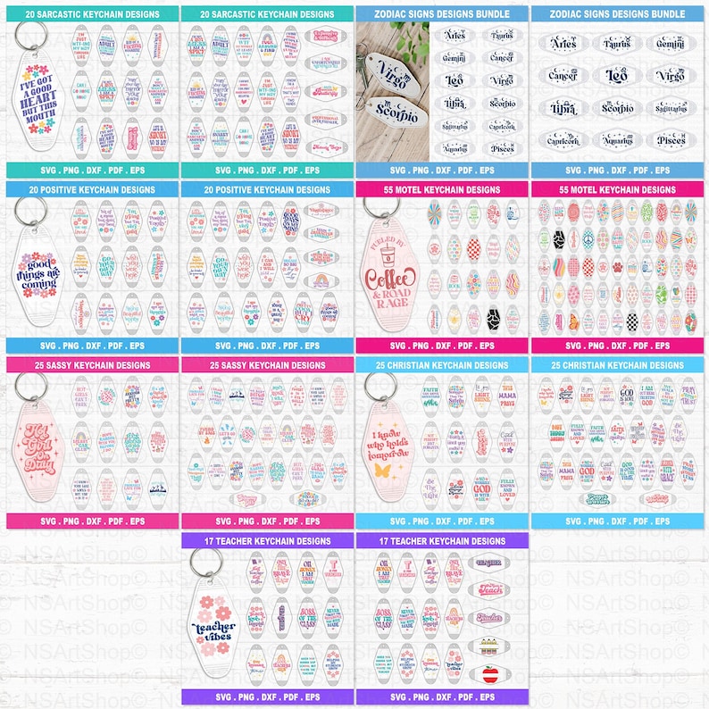 May include: A collection of keychain designs with various themes, including sarcastic quotes, positive messages, zodiac signs, motel-themed designs, sassy sayings, Christian themes, and teacher-related phrases. Each design is displayed on a clear, oval-shaped keychain.