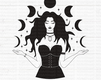 Witch and Moon Phases SVG, Gothic Mystical Clipart, Cut File Cricut, Silhouette