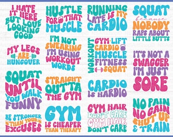 Pode incluir: Um conjunto de 20 designs coloridos de ginásio em estilo retro. Os designs apresentam frases motivacionais como "Hustle for that Muscle", "Running Late is My Cardio", e "Gym is Cheaper than Therapy".