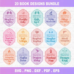 May include: A digital bundle of 15 decorative labels featuring pastel colours and ornate scalloped edges. Each label displays the text Emotionally Attracted To A followed by unique character tropes like Shadow Daddy, Morally Gray, and Alpha Werewolf.