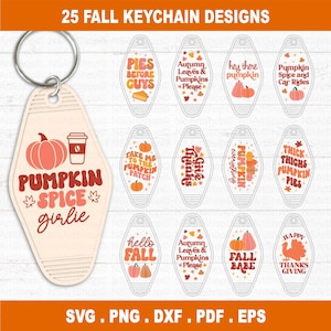 May include: Twenty-five fall-themed keychain designs featuring various autumnal motifs, including pumpkins, leaves, pies, and Thanksgiving turkeys. The designs are in a variety of colors, including orange, brown, red, and yellow. The keychains are perfect for adding a touch of fall to your keys or bag.