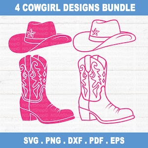 Op de afbeelding: Een bundel van vier cowgirl-ontwerpen in roze en wit. De ontwerpen omvatten twee cowboyhoeden met steraccenten en twee paar cowboylaarzen met decoratieve stiksels. De tekst "4 COWGIRL DESIGNS BUNDLE" staat bovenaan. Bestandsformaten: SVG, PNG, DXF, PDF, EPS.