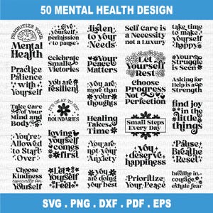 Bundle SVG santé mentale, lot de svg soins personnels, source d'inspiration svg, SVG positif, motivation SVG, sensibilisation à la santé mentale, fichier de coupe Cricut