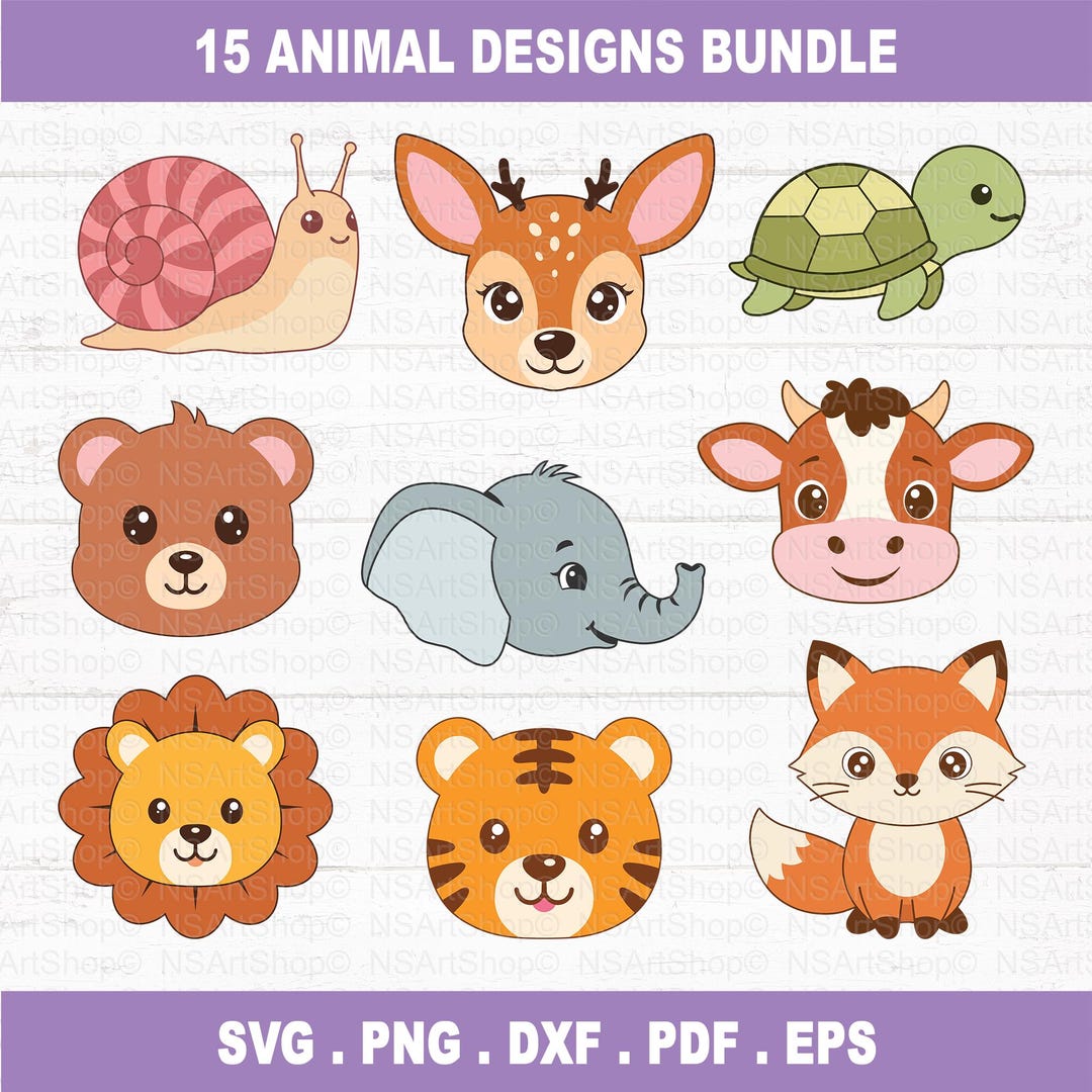 Baby Animal SVG Bundle, Turtle, Elephant, Monkey, Tiger, Hippo, PNG ...