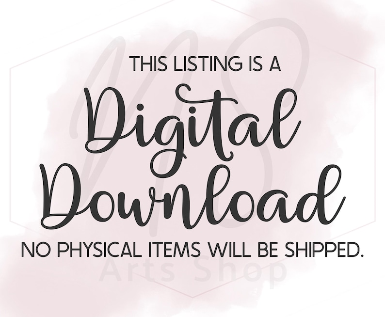 Puede incluir: Imagen con el texto "THIS LISTING IS A Digital Download NO PHYSICAL ITEMS WILL BE SHIPPED." en fuente negra. El fondo tiene un efecto de acuarela rosa suave con una forma geom&eacute;trica.