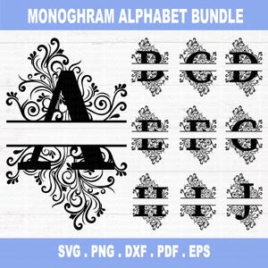 Split Monogram Svg, Floral Split Monogram svg, png, dxf, Flower Monogram Clipart, Floral Letter Graphic, Alphabet Bundle