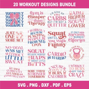Puede incluir: Un conjunto de 20 dise&ntilde;os de entrenamiento en rosa, rojo y blanco con frases motivacionales. Los gr&aacute;ficos incluyen una mancuerna, una pesa rusa y un lazo. El texto incluye frases como "El gimnasio es m&aacute;s barato que la terapia", "Sentadillas hasta que camines divertido", y "Me ejercito para quemar la locura".