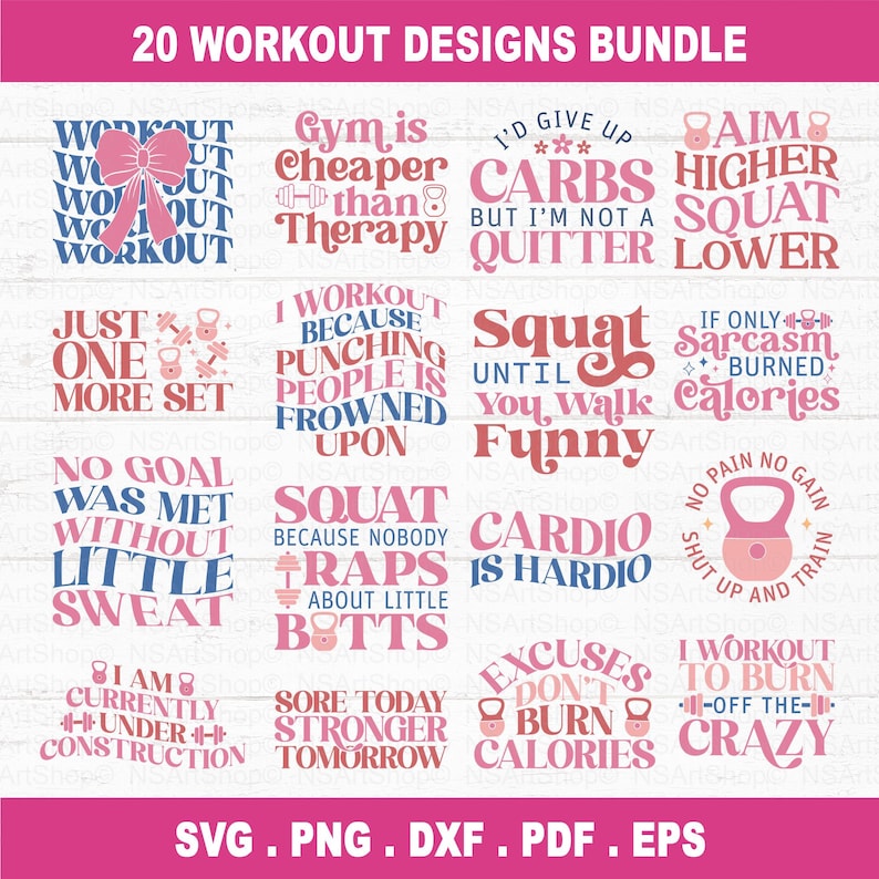 Puede incluir: Un conjunto de 20 dise&ntilde;os de entrenamiento en rosa, rojo y blanco con frases motivacionales. Los gr&aacute;ficos incluyen una mancuerna, una pesa rusa y un lazo. El texto incluye frases como "El gimnasio es m&aacute;s barato que la terapia", "Sentadillas hasta que camines divertido", y "Me ejercito para quemar la locura".