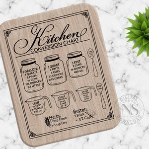 May include: A brown wooden cutting board with a black and white kitchen conversion chart. The chart includes measurements for gallons, quarts, pints, cups, ounces, and milliliters. It also includes a section for herbs and butter.