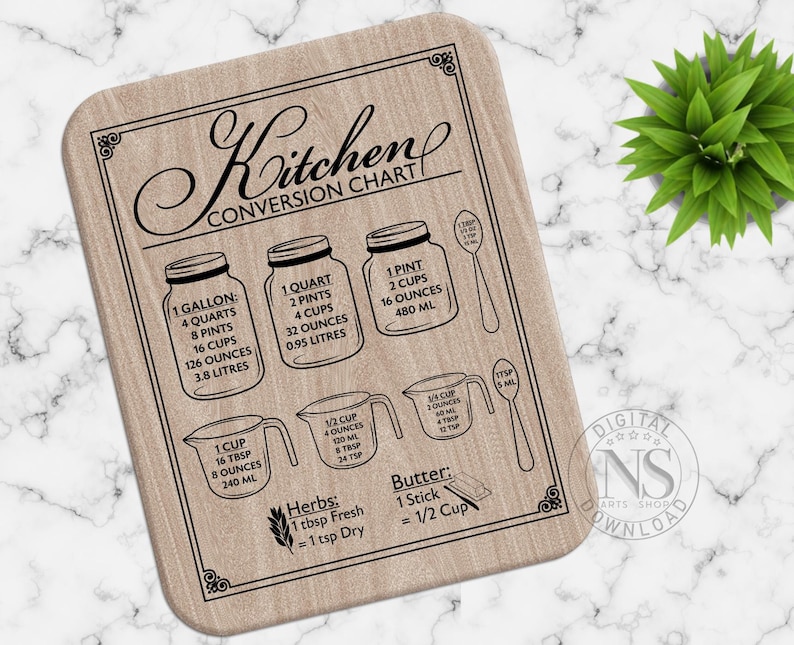 May include: A brown wooden cutting board with a black and white kitchen conversion chart. The chart includes measurements for gallons, quarts, pints, cups, ounces, and milliliters. It also includes a section for herbs and butter.