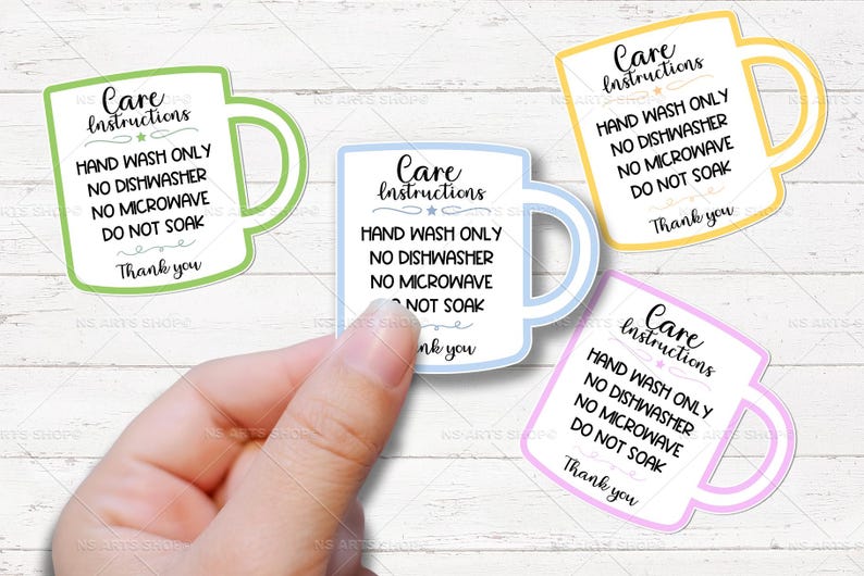 May include: Four mug-shaped stickers in green, blue, yellow, and pink, each with a white interior and a colored outline. The stickers display care instructions: "Hand wash only, no dishwasher, no microwave, do not soak, thank you."