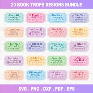 May include: A digital bundle of 20 ticket designs, each themed around a romance book trope. The tickets, in various colours, include phrases like "Vampire Romance" and "Mafia Romance", with "BOOK CLUB" and "LIFETIME MEMBERSHIP".
