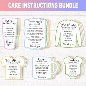 May include: A bundle of care instruction cards in various shapes, including a shirt, onesie, mug, and rectangular cards. Each card features instructions like "hand wash only" and "do not soak," with pastel color borders and the text "Thank you."