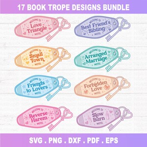 May include: A collection of 17 motel-style key fobs, each with a different book trope design. The key fobs are in various colours and feature phrases such as "Love Triangle" and "Forbidden Love." They include heart-shaped keyrings and the text "Welcome to Motel."