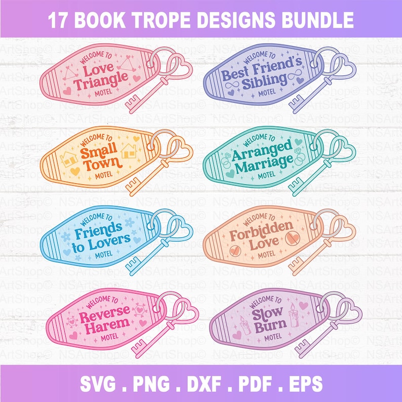May include: A collection of 17 motel-style key fobs, each with a different book trope design. The key fobs are in various colours and feature phrases such as "Love Triangle" and "Forbidden Love." They include heart-shaped keyrings and the text "Welcome to Motel."