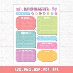 Peut inclure: Un planificateur quotidien coloré avec des sections pour les priorités, les listes de tâches, l'emploi du temps, l'apport en eau, les médicaments/vitamines, les affirmations quotidiennes et les notes. Le planificateur présente un design papillon et nœud avec le texte "DAILY PLANNER".