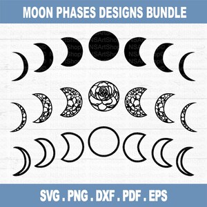 May include: A set of eight moon phase designs in black, including a full moon, crescent moon, and half moon. The designs are perfect for crafting projects, such as scrapbooking, card making, and home decor.